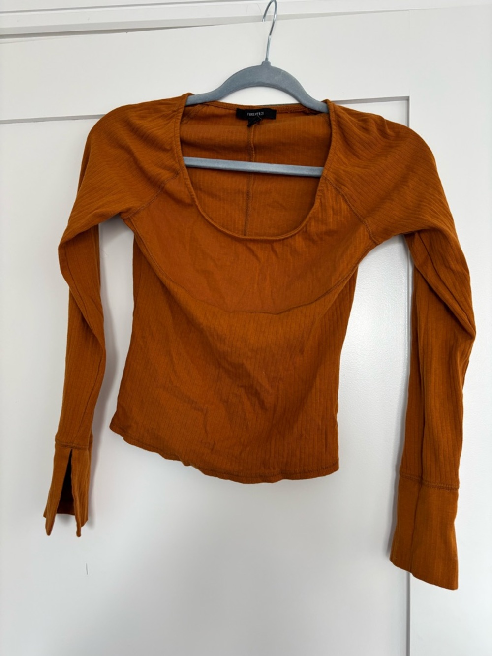 Forever 21 Ribbed Scoop Neck Long Sleeve Top - Rust Orange